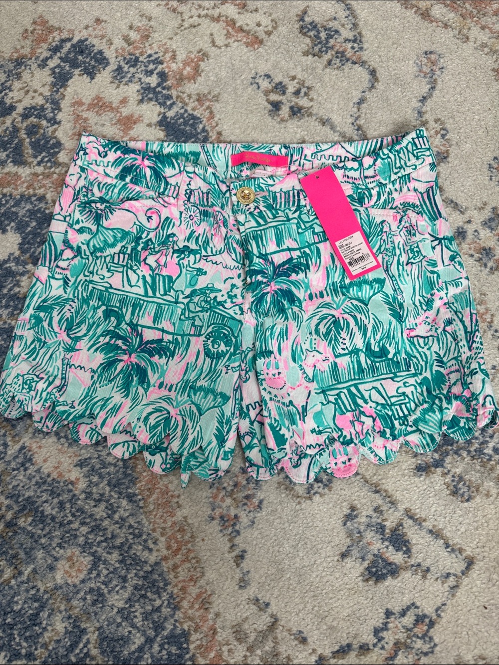 Lilly Pulitzer Pink & Teal Tropical Scallop-Hem High Waist Shorts